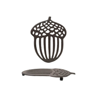 Cast Iron Acorn Shaped Trivet with lattice-pattern top and vertical ribbed sides, dark finish