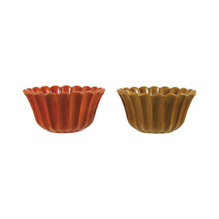 Stoneware pleated scalloped bowls in orange-red and olive-green, dinnerware set of 2