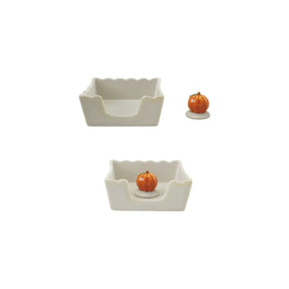 Stoneware scalloped cocktail napkin holder with weight; cream color, holds 4-inch square napkins.