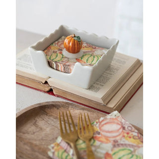Stoneware scalloped napkin holder with weight, white ceramic, pumpkin accent, fits 4-inch square napkins