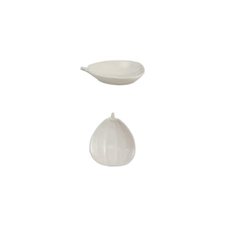 Stoneware pumpkin-shaped dish, white, shown with a small leaf-shaped dish