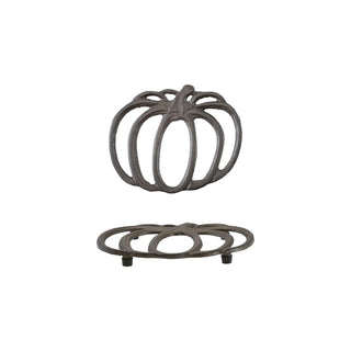Cast iron pumpkin-shaped trivet; dark rustic finish, set of 2 with feet.