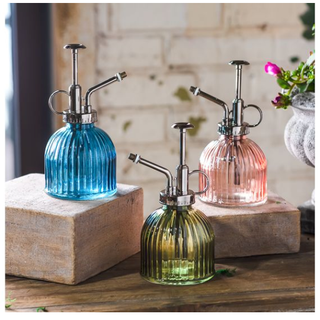 Colored glass misters set of 3 in blue, pink and green with metal spray tops