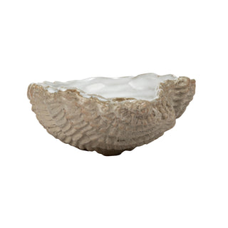 Shell-shaped stoneware serving dish, textured tan exterior and white glazed interior