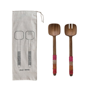 Salad servers set of 2 with rattan-wrapped wooden handles in a printed drawstring bag