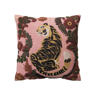 Pillow, pink 20-inch square cotton slub with embroidered tiger and flowers.