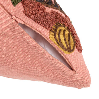 Pillow, pink 20-inch square cotton slub with embroidered tiger and flowers