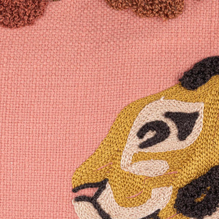 20-inch square cotton slub pillow with embroidered tiger and flowers on pink background.