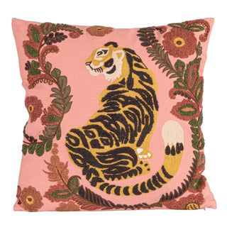 Pillow, 20-inch square pink cotton slub with embroidered tiger and flowers.