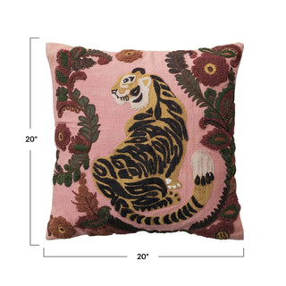 Pillow, 20-inch square cotton slub with an embroidered tiger and pink floral border