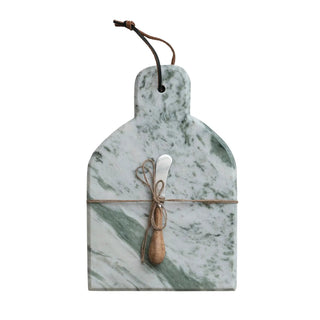 Marble cheese/cutting board with canape knife, green-veined marble tied with twine.