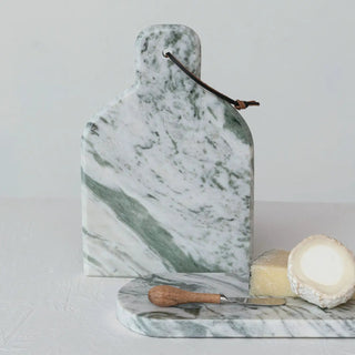 Marble cheese and cutting board set with canape knife, two green-veined boards with leather strap