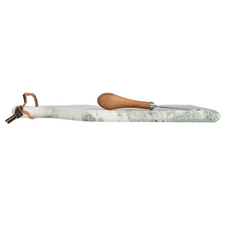 Marble cheese board with canape knife; white marble with green veining, wooden-handled knife, leather strap