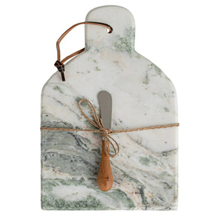 Marble cheese board with canape knife, gray-green veining, tied with jute string