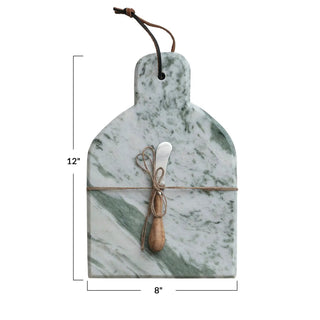 Marble cheese board with canape knife and hanging leather strap; green-veined marble.