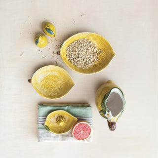 Salt & pepper shakers, hand-painted lemon design, set of 2; each piece varies, yellow ceramic.