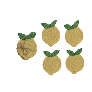 Handmade beaded lemon coasters, set of 5 in yellow with green leaves for barware