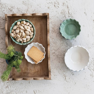 Mango Wood Scalloped Tray, Natural with teal ceramic bowls and crackers