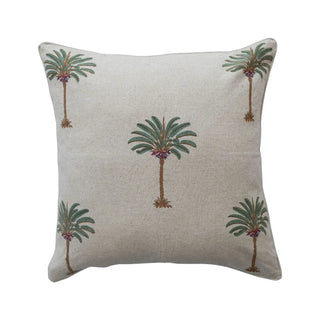 Pillow, 24-inch square, beige cotton-linen with teal palm tree print.