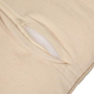 Pillow, 24-inch square, beige cotton and linen with cream zipper along edge.