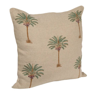 24-inch square cotton and linen pillow with teal palm tree block print on beige background.