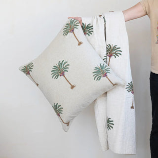 Pillow, 24-inch square, cream cotton and linen with palm tree block-print pattern