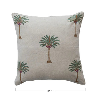 Pillow, 24-inch square cotton & linen, block-printed palm tree pattern on neutral beige.