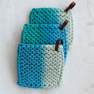 Cotton crocheted pot holders with leather loops, set of 3 in blue, teal, and sage