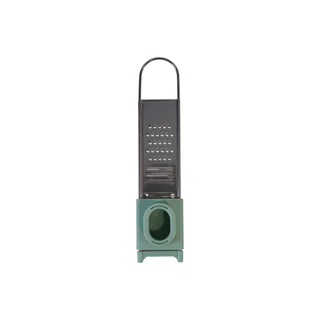 Stainless steel 3-way mini grater with adjustable mandolin slicer on green base