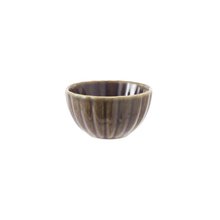 Stoneware ribbed bowl with reactive glaze in earthy browns and blues, dinnerware, each piece varies.