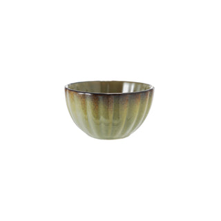Stoneware ribbed bowl with reactive glaze in green-brown tones.