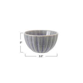 Stoneware ribbed bowl with reactive glaze in blue-gray; 3.5 in diameter, 2 in tall