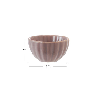 Stoneware ribbed bowl with reactive glaze in taupe, 3.5in diameter, 2in tall.