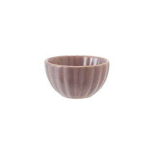 Stoneware ribbed bowl with reactive glaze in taupe-brown; color varies.