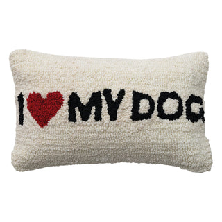 Lumbar pillow, cotton-blend tufted in natural cream with I heart my dog in black letters and a red heart.