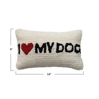 Lumbar pillow featuring I heart MY DOG design, natural cream cotton-blend tufted fabric with black and red lettering