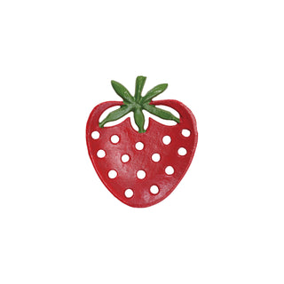Cast iron strawberry-shaped soap dish, red with green stem.