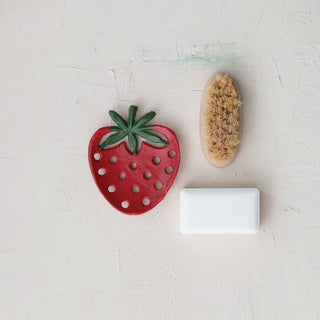 Cast iron strawberry soap dish, red with green leaves — 3-item set with a wooden brush and white soap bar.