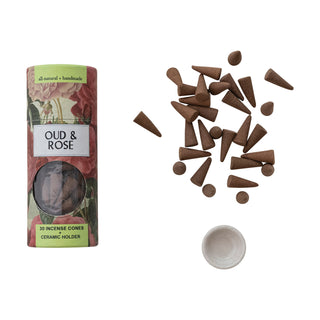 Oud & Rose incense cone set with ceramic holder; 30 brown all-natural cones.