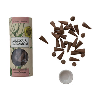Incense cone set with ceramic holder, brown Mimosa & Cardamom scented cones, 30 cones + holder