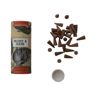 Incense cone set: Peony & Suede scent with 30 brown cones and round ceramic holder.