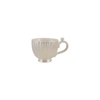 Mug, 14 oz stoneware fluted with iridescent white glaze and a faux pearl knob on the handle