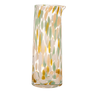 42 oz confetti glass handle-less pitcher with pastel yellow, green and white speckles.