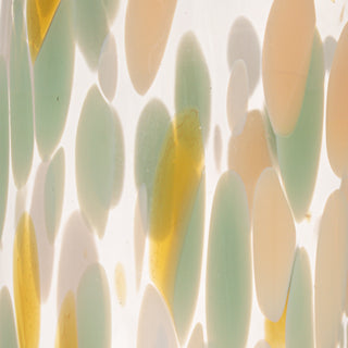 Pitcher, 42 oz confetti glass, handle-less with pastel mint, peach and yellow oval patterns.