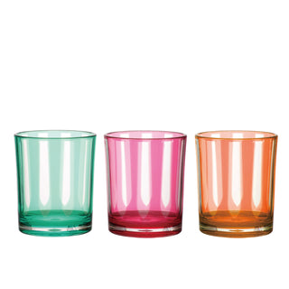 Drinking glasses: three 14 oz acrylic striped tumblers in green, pink, and orange.