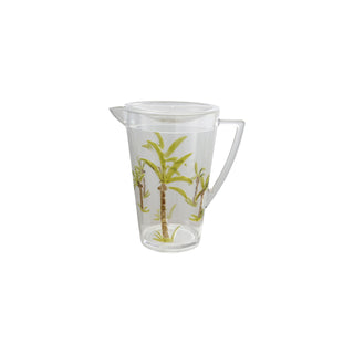 Acrylic pitcher with palm-tree design and lid; clear serveware