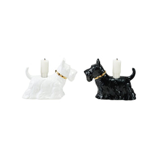 Ceramic Scottie dog candle holders in white and black with gold collars (2-pack)