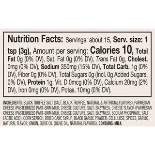 Seasoning blend label for Truffle Parmesan + Black Garlic Seasoning on beige background with nutrition facts.