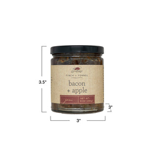 Bacon apple jam in a 9 oz glass jar with black lid and kraft label