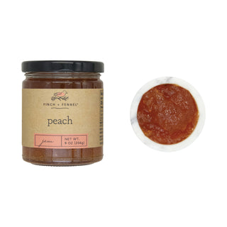 peach jam jar, 9 oz, amber jam in brown kraft label with black lid